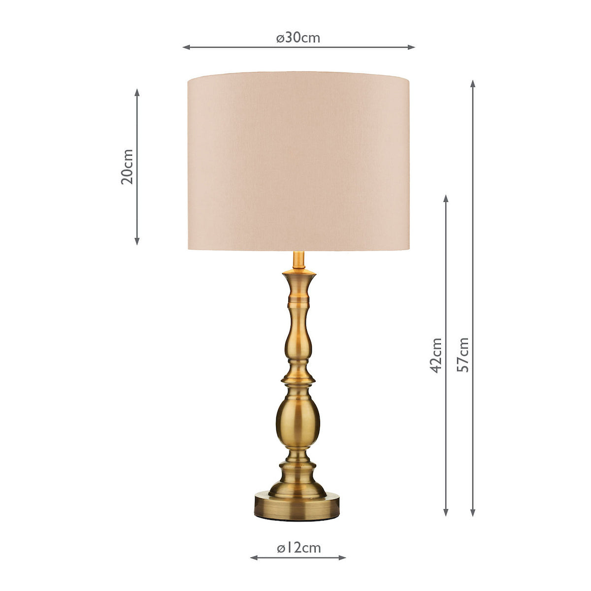 Brass table lamp with a beige shade and dimensions indicated.