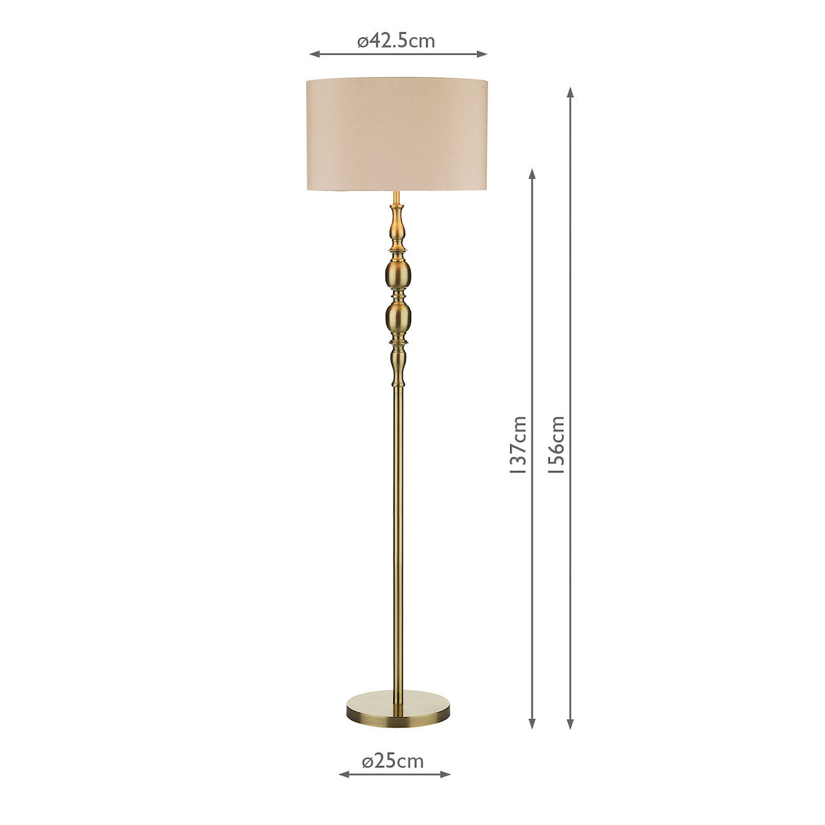A brass floor lamp with a beige shade, showing dimensions of 42.5cm diameter for the shade and 156cm total height.