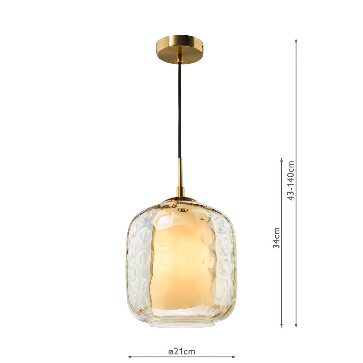Amber glass pendant light with gold accents and textured surface, showing dimensions.