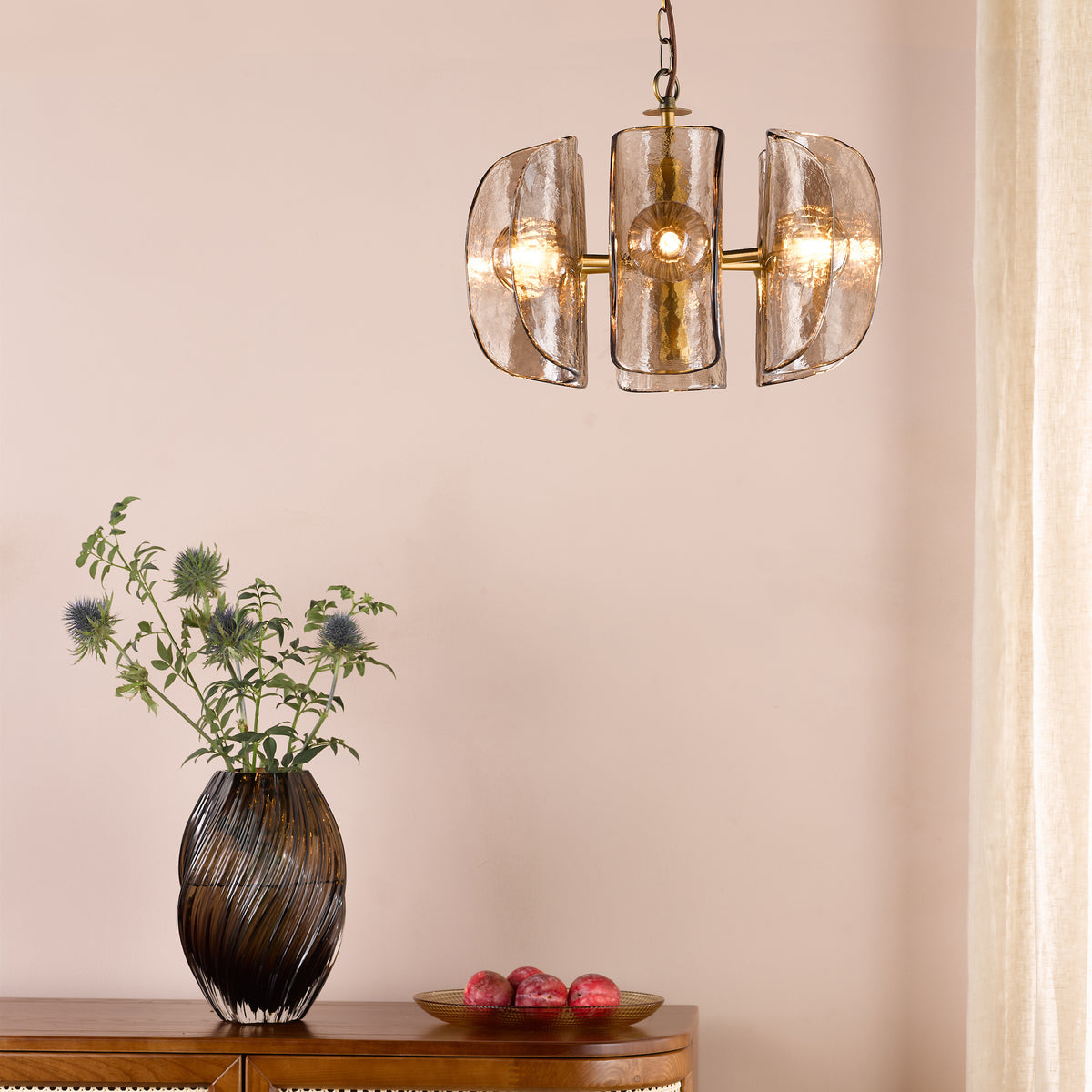 Megara Six Light Pendant in Antique Bronze with Tea Smoked Glass Shades