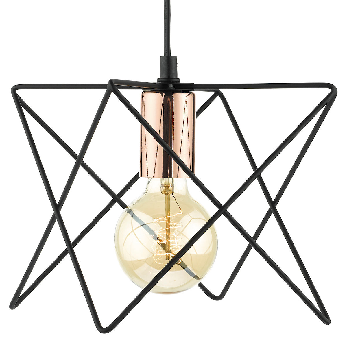 Black geometric pendant light with a copper accent and an exposed Edison bulb.