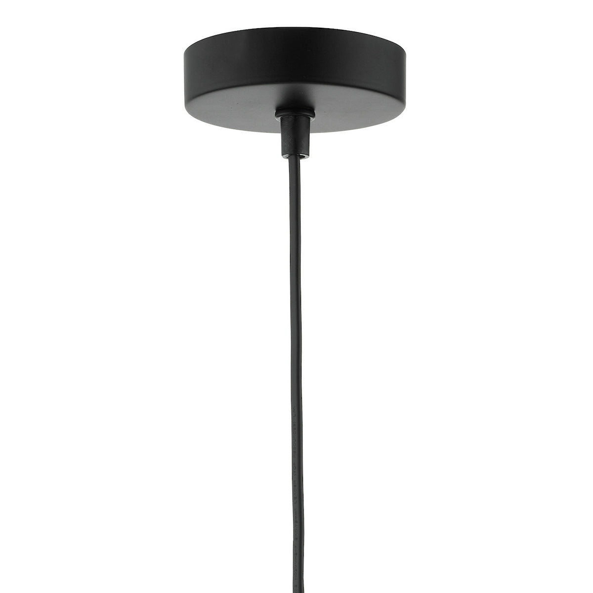 Black ceiling rose with a black cable hanging down, against a white background.