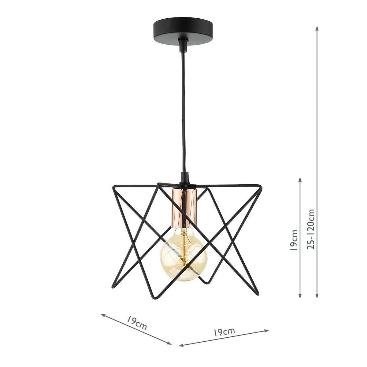 Black geometric pendant light with a copper bulb holder and exposed filament bulb, showing dimensions.