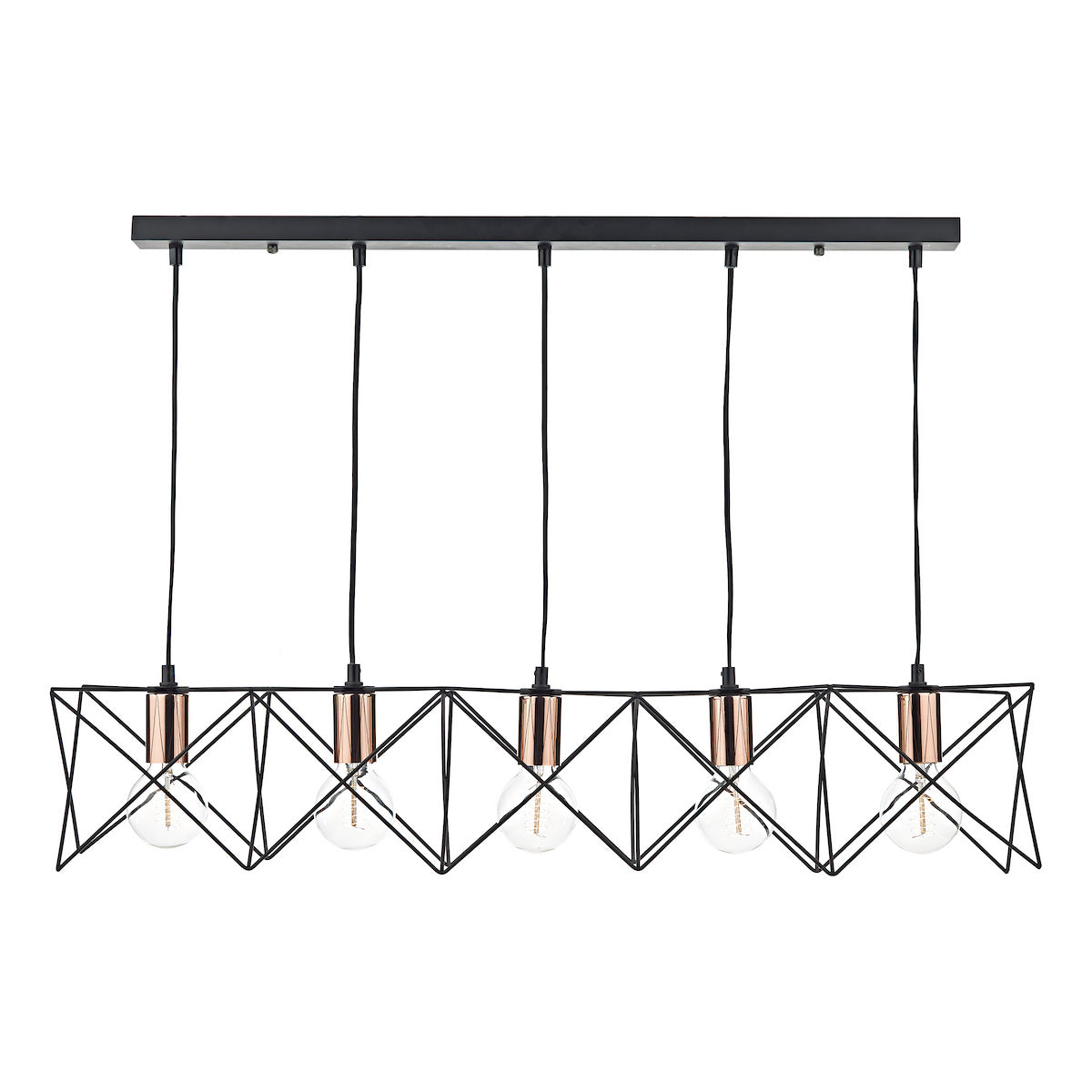 Black linear pendant light with five exposed bulbs and geometric metal cage.
