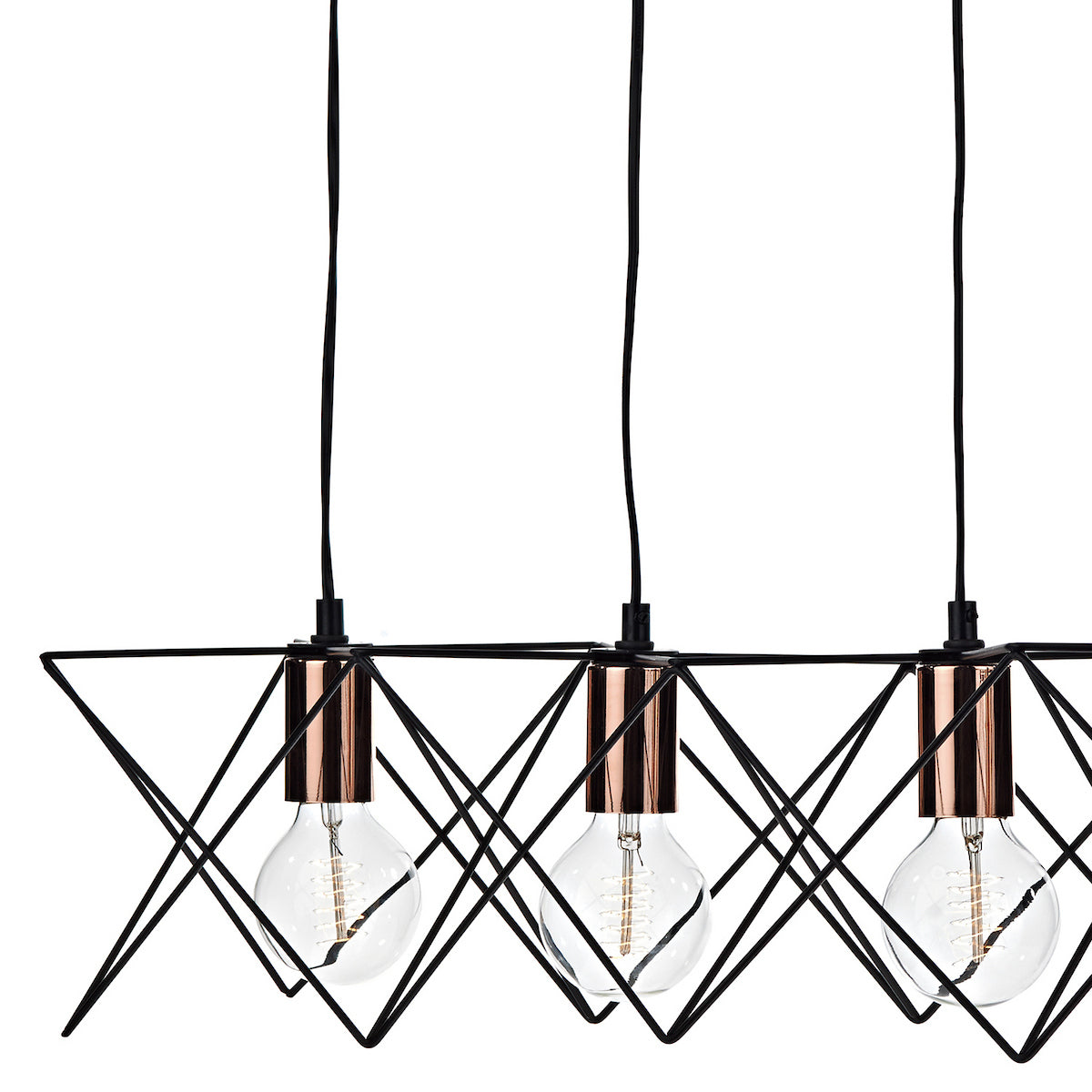 Three industrial-style pendant lights with exposed bulbs and black geometric cages.