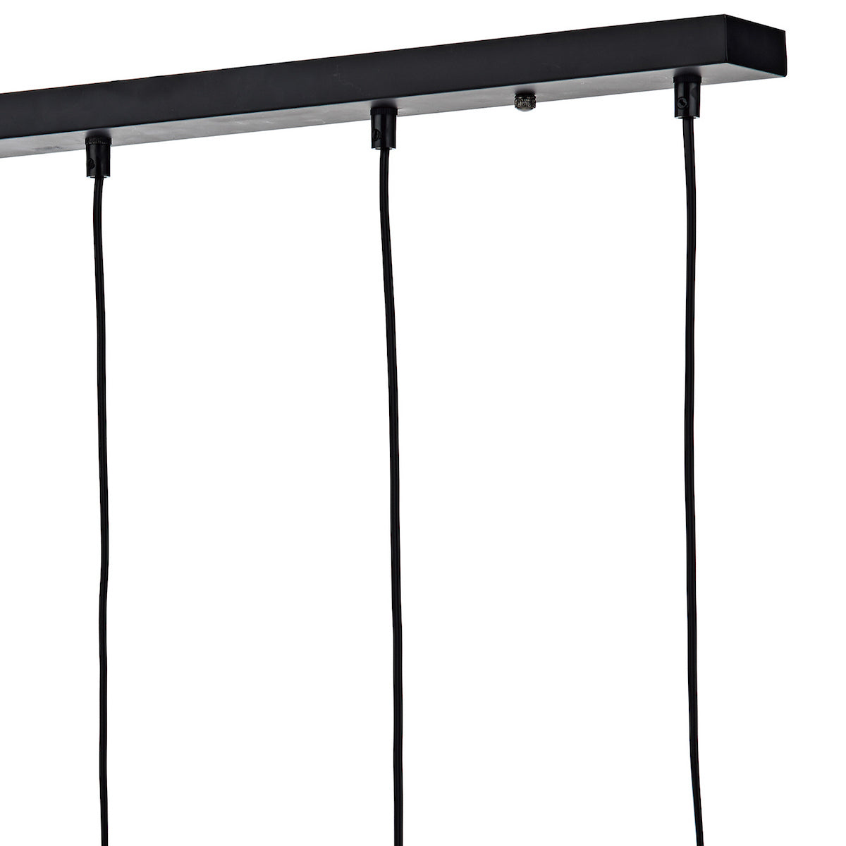 Close-up of a black rectangular ceiling plate with three black electrical cords hanging down.
