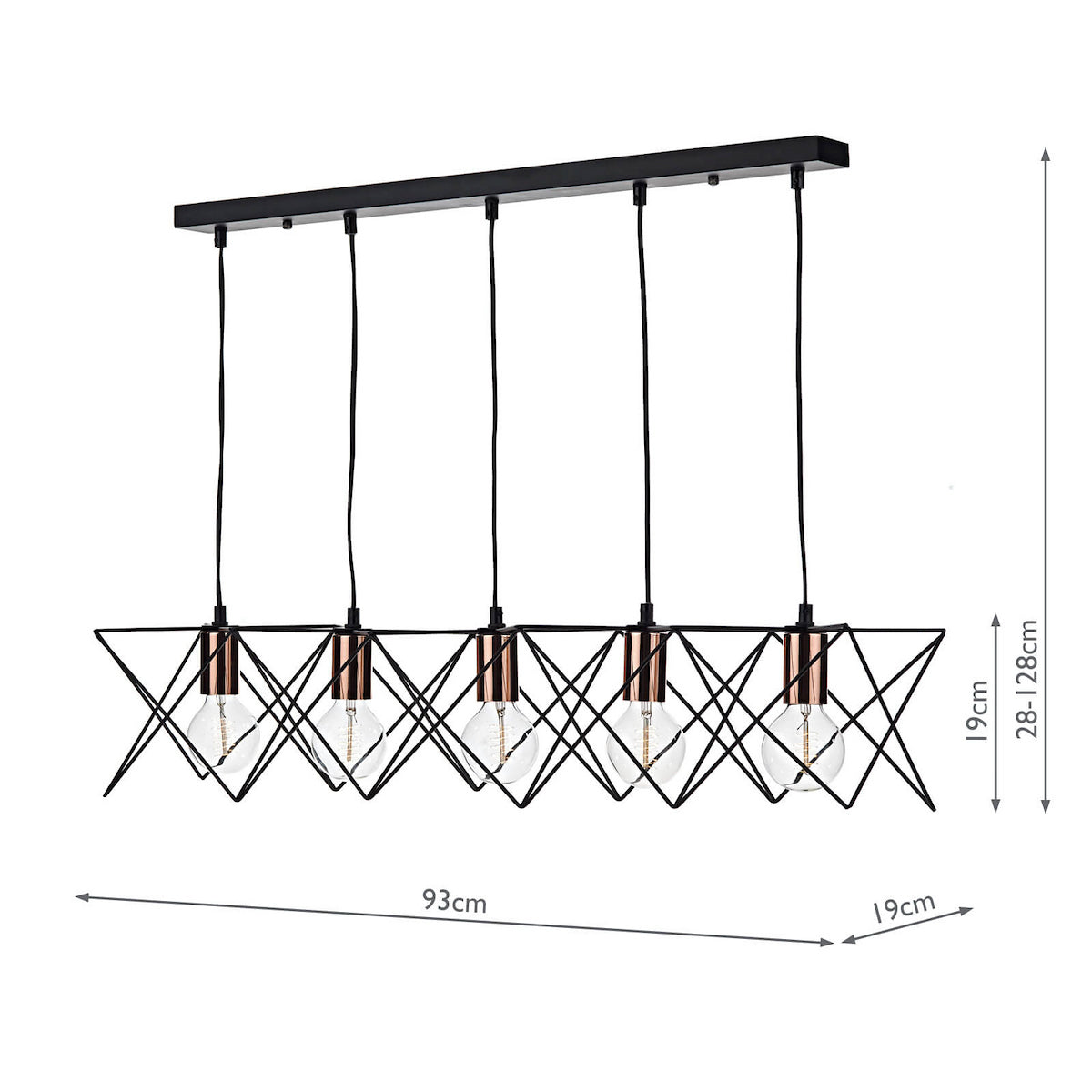 Black linear pendant light with five exposed bulbs in geometric metal cages, showing dimensions.