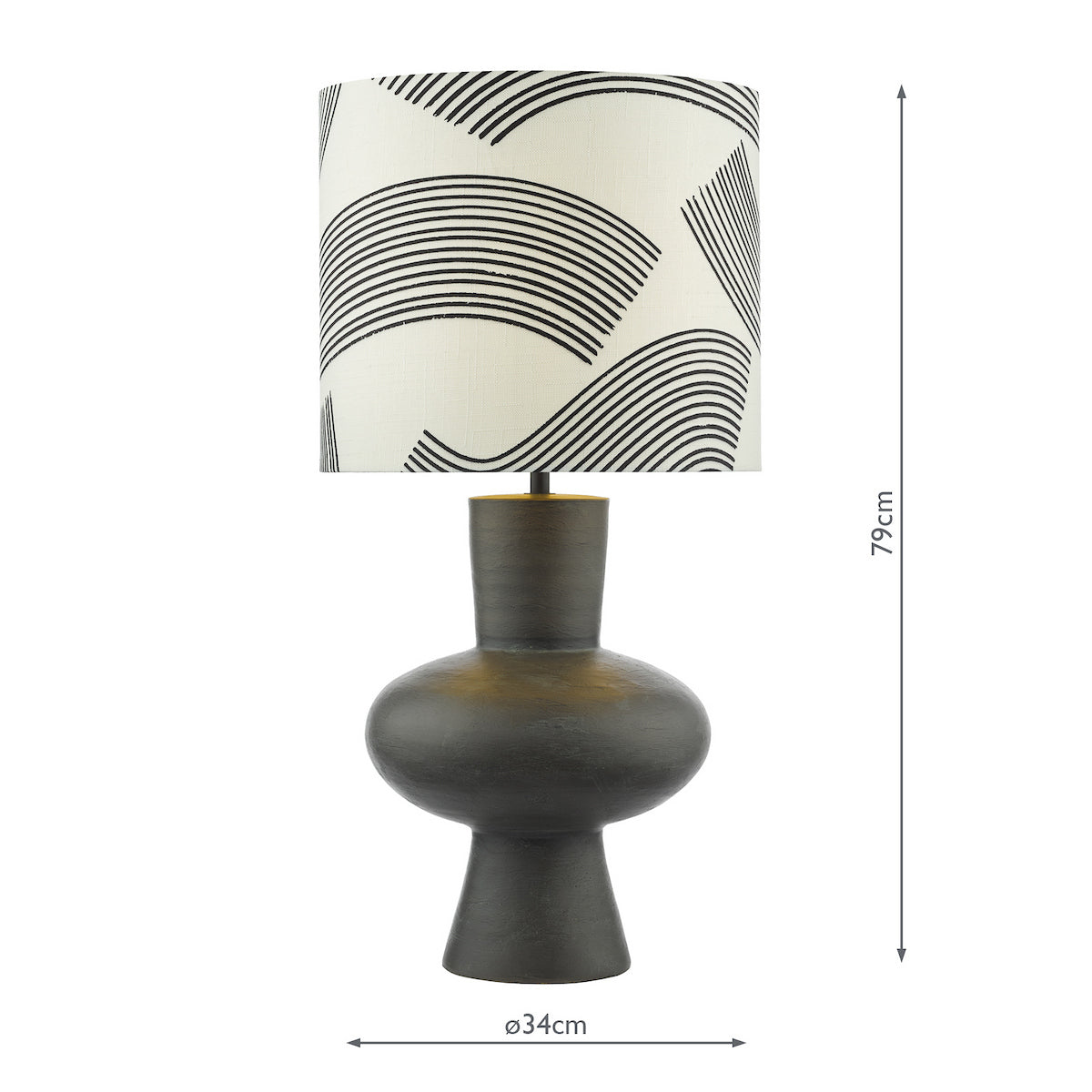 Black and white patterned lampshade on a dark gray, hourglass-shaped lamp base. 79cm tall, 34cm wide.