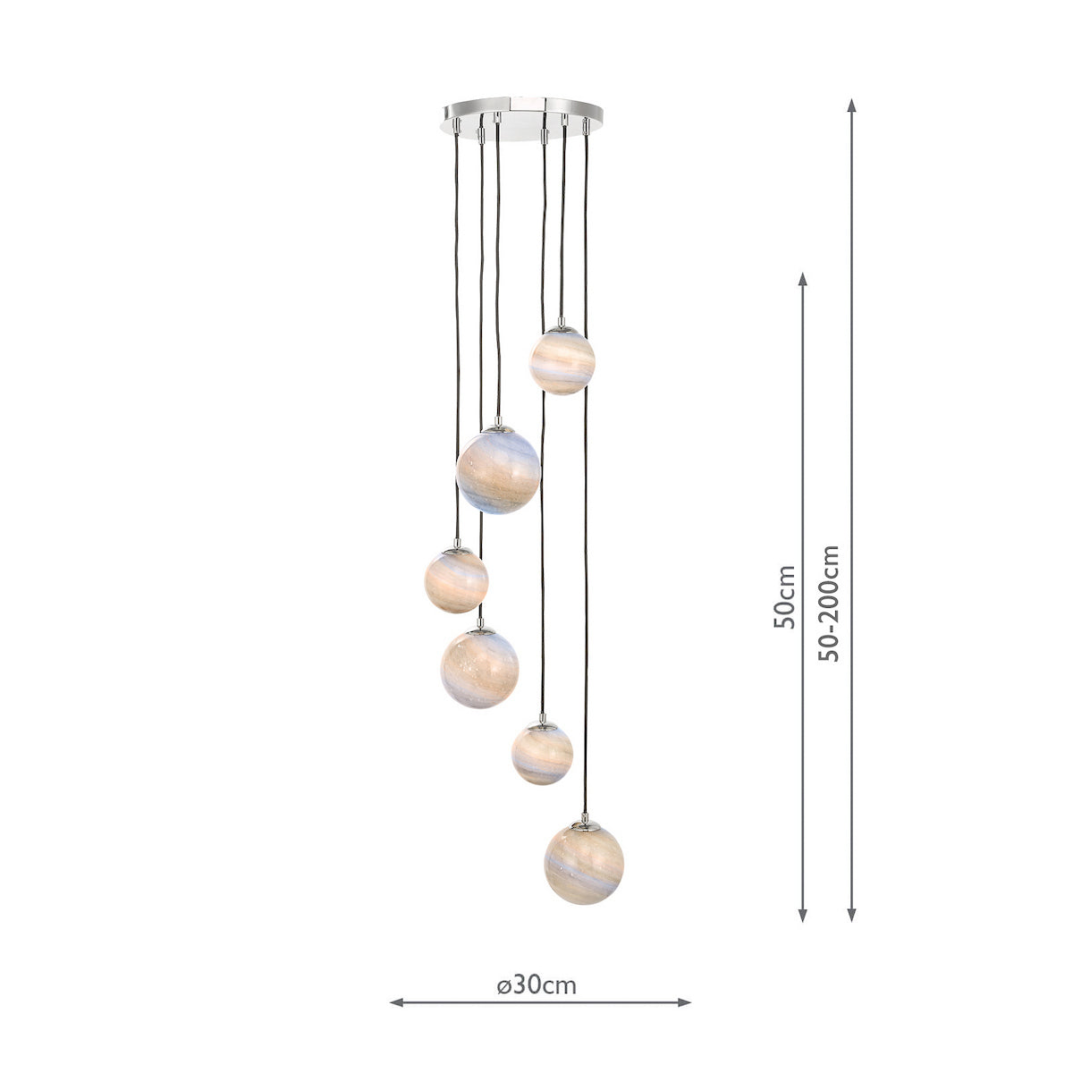 A modern ceiling light with six spherical, marbled glass shades hanging at various lengths.
