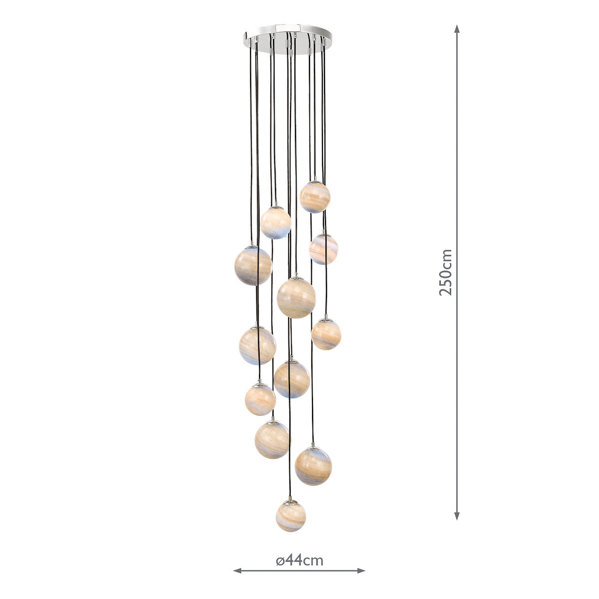 A modern chandelier with multiple spherical lights hanging at varying lengths from a chrome base.