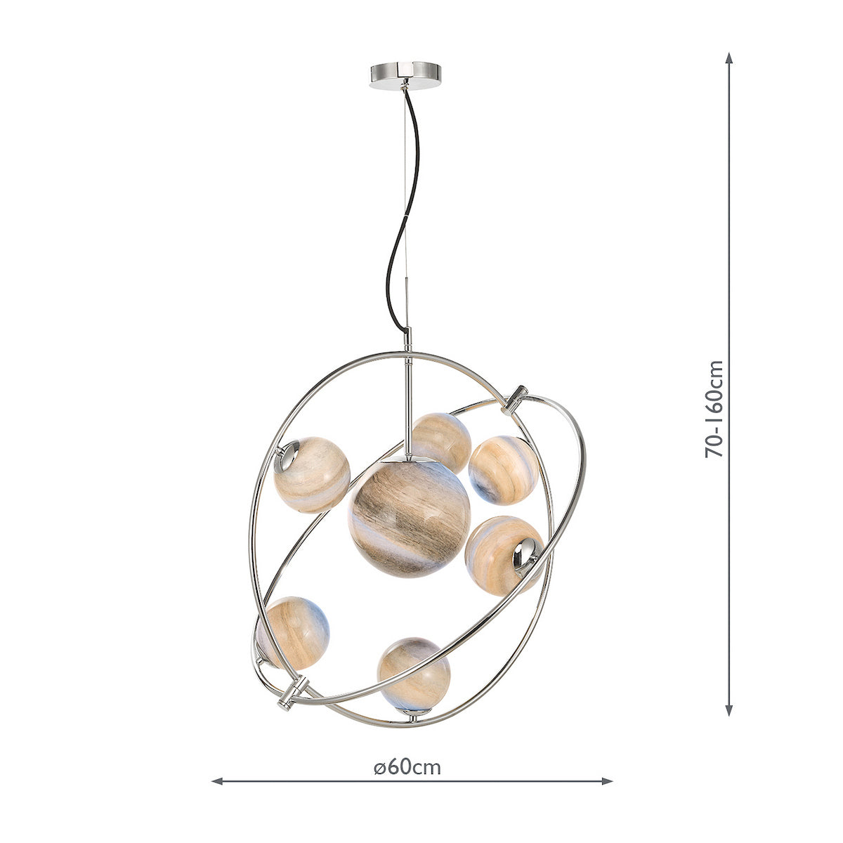 Modern chandelier with a chrome frame and seven spherical, marbled glass shades.