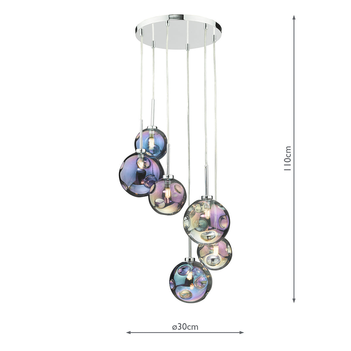 Six iridescent glass globes hang from a chrome ceiling plate, each with internal bubbles and a light source.