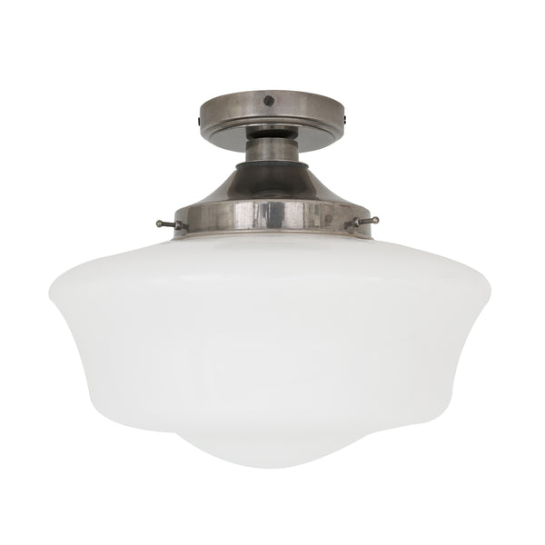 Mullan Anath IP44 schoolhouse semi flush ceiling light in antique silver with white glass shade