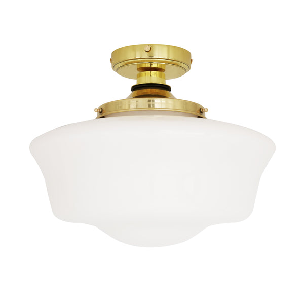 Mullan Anath IP44 schoolhouse bathroom semi flush ceiling light in polished brass with white glass shade