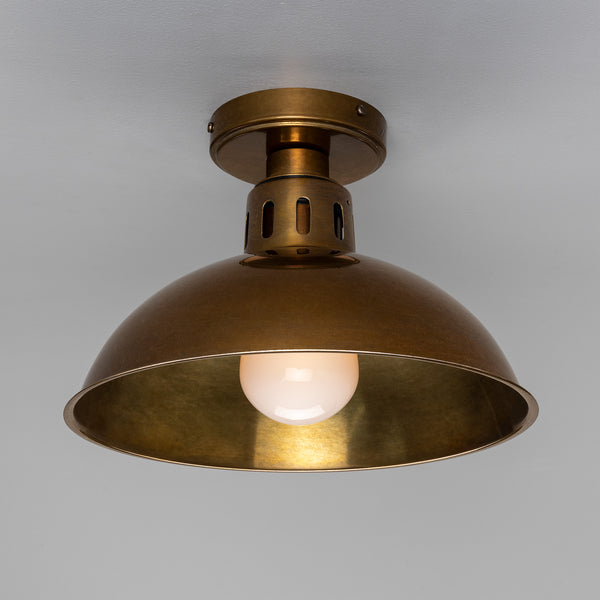 Talise 30cm IP65 Industrial Brass Ceiling Light in Antique Brass with Opal Glass