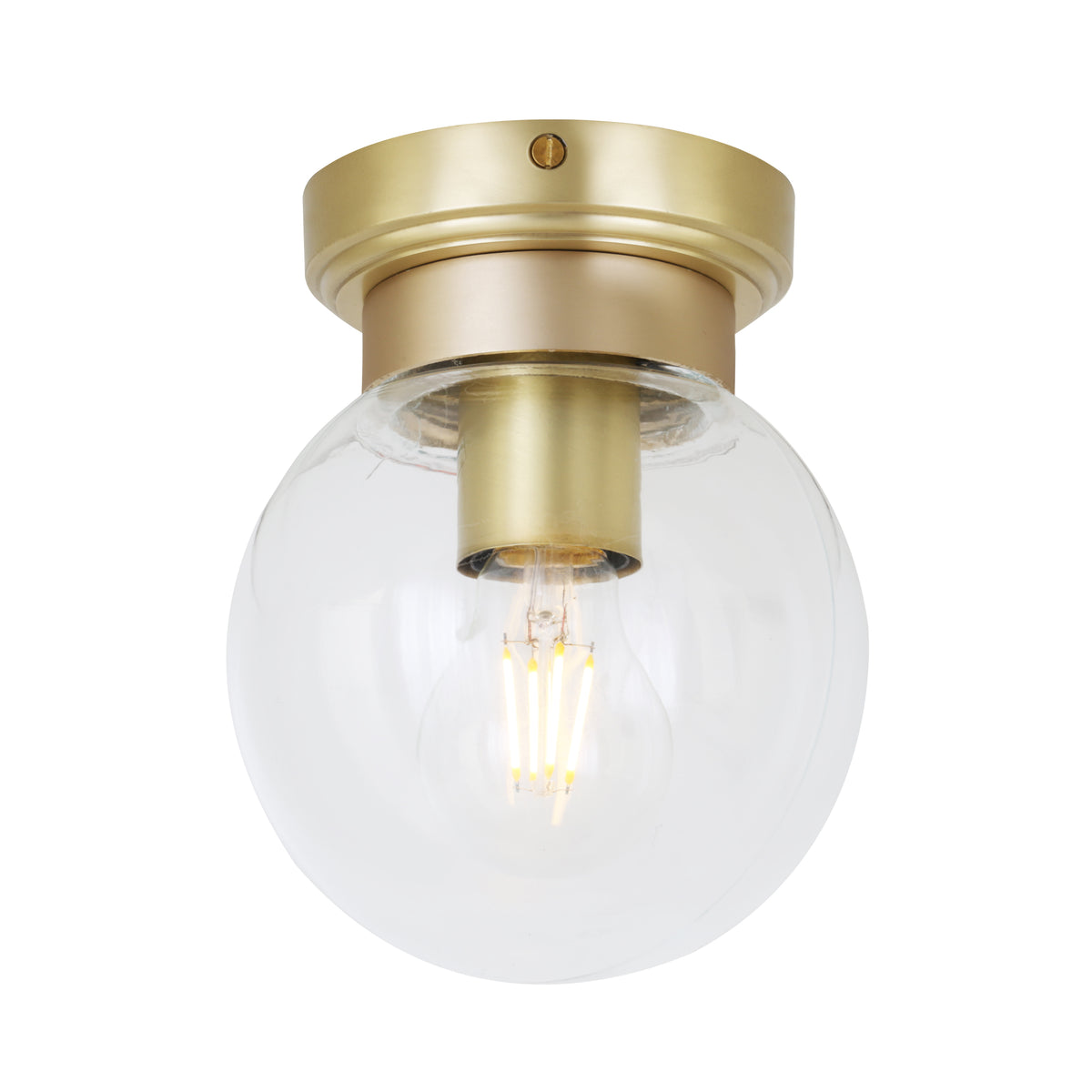 Jordan 15cm IP65 Small Clear Glass Globe Ceiling Light in Satin Brass