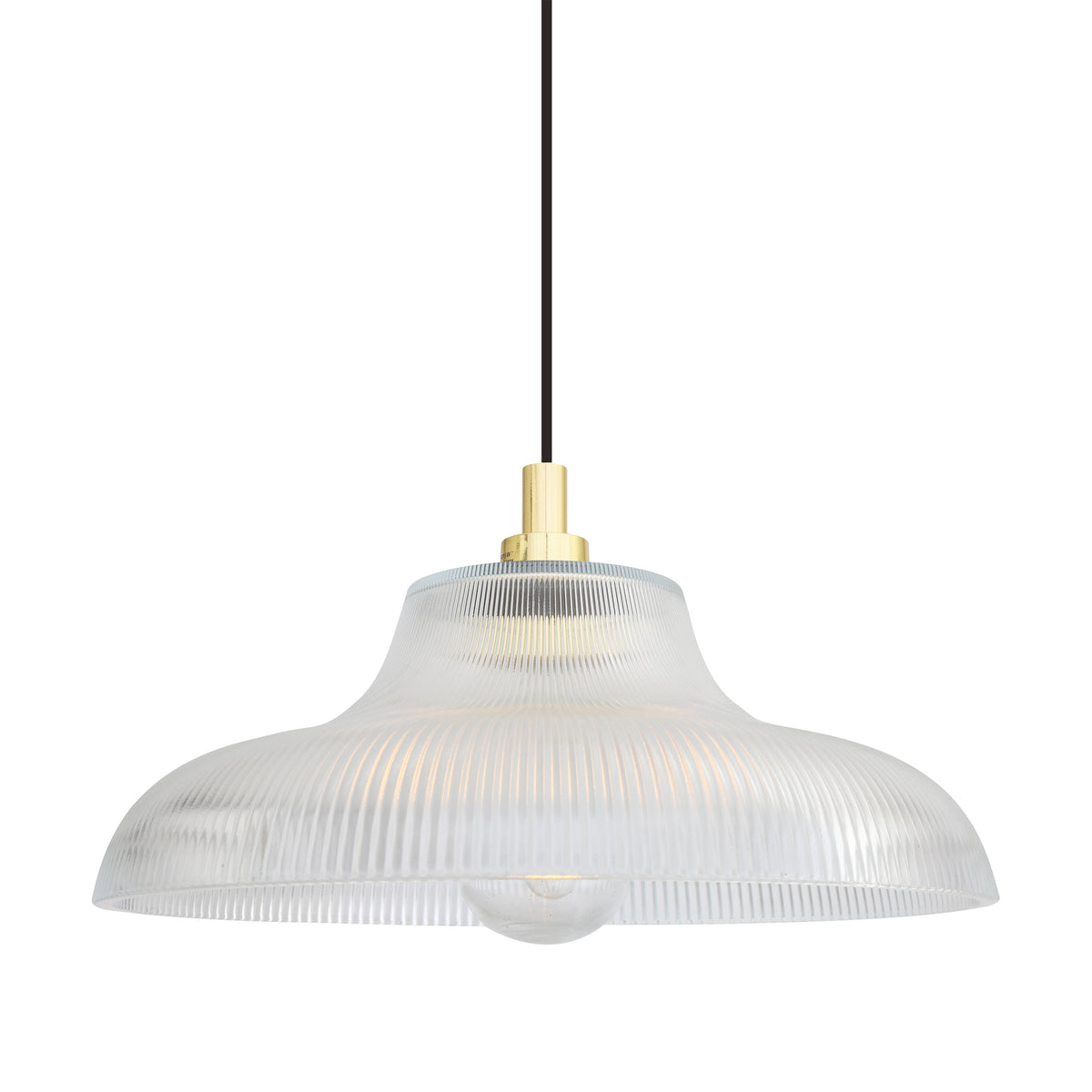 Clear ribbed glass pendant light with brass hardware and black cord