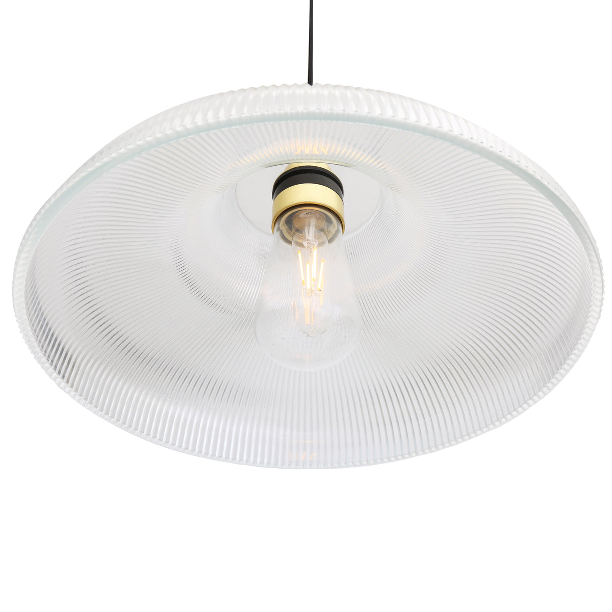 Mullan Aquarius 40cm pendant light with ribbed glass shade and polished brass detail