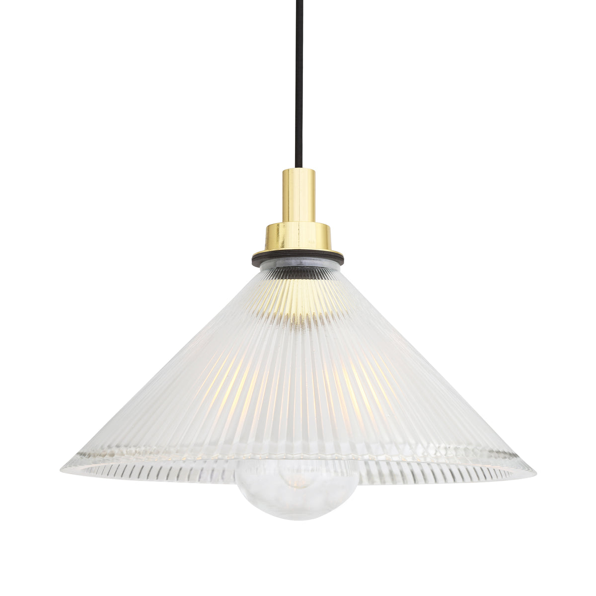 Conical ribbed glass pendant light with brass hardware and black cord