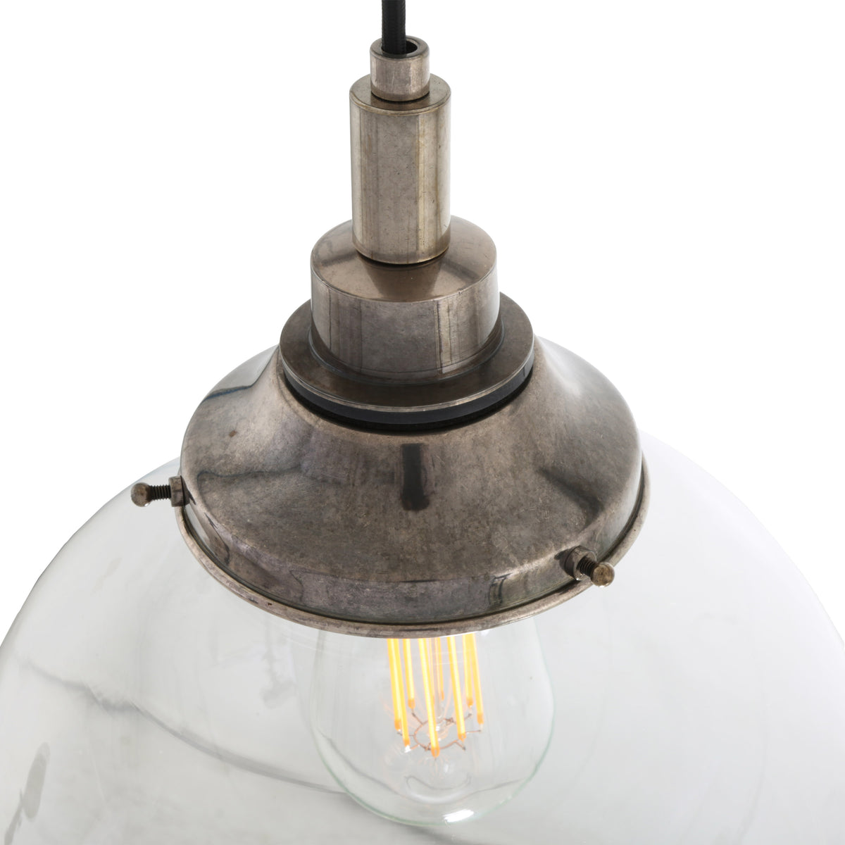 Antique silver metal pendant light with clear glass dome and exposed filament bulb