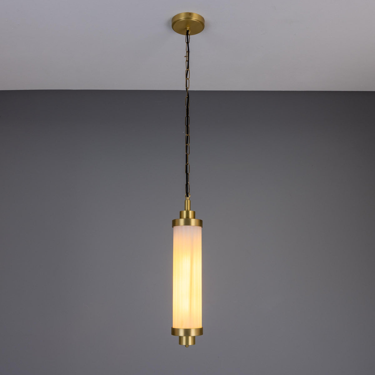 Louise IP44 Vintage Rippled Opal Glass and Brass Bathroom Pendant in Satin Brass