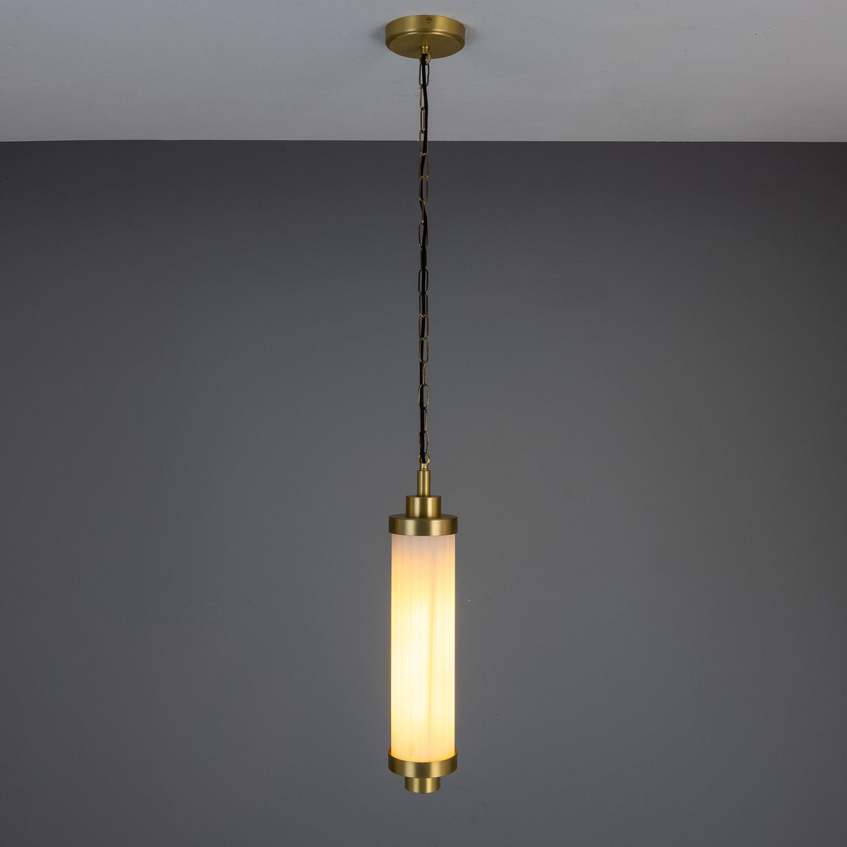 Louise IP44 Vintage Rippled Opal Glass and Brass Bathroom Pendant in Satin Brass