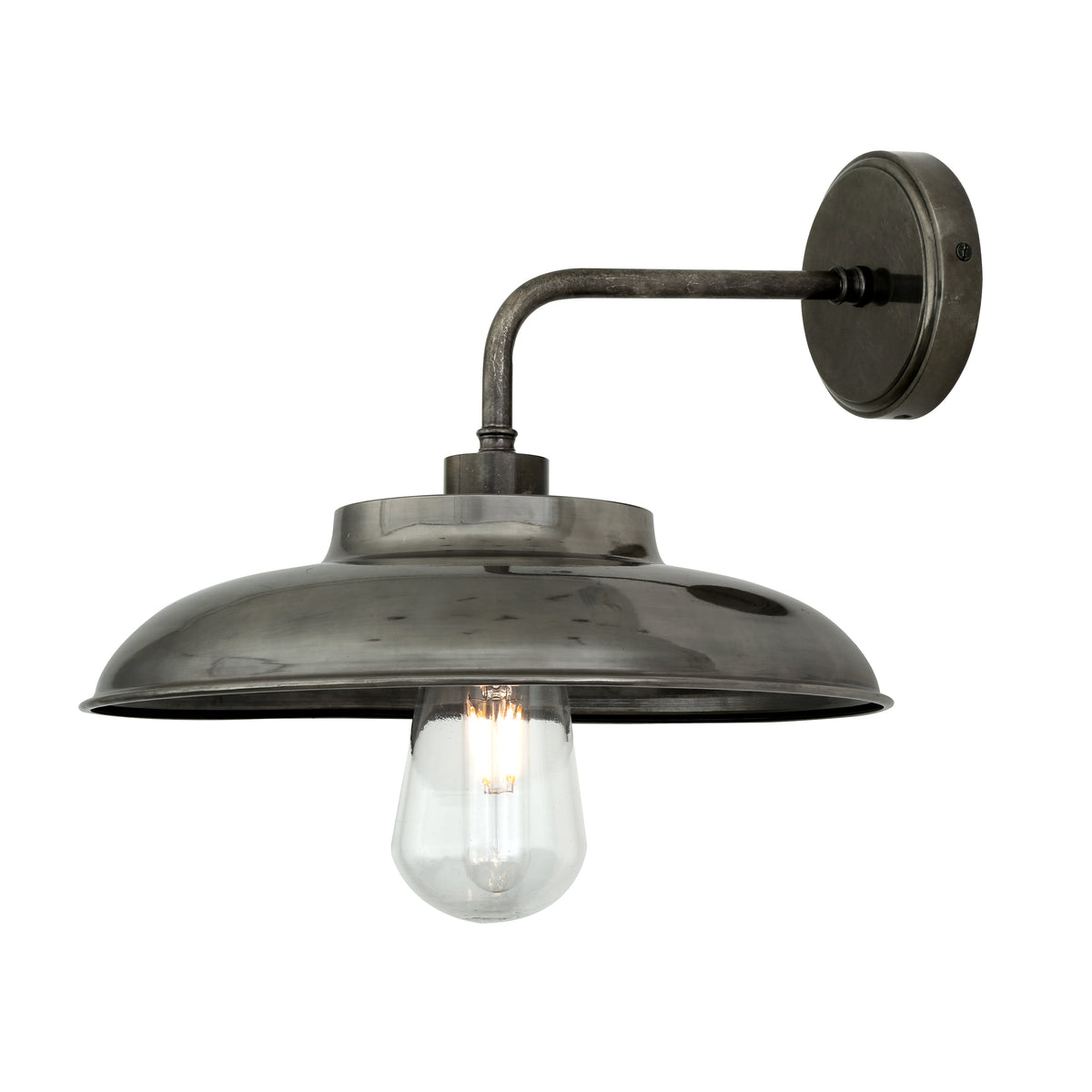 Mullan Darya IP65 brass wall light in antique silver with clear glass diffuser