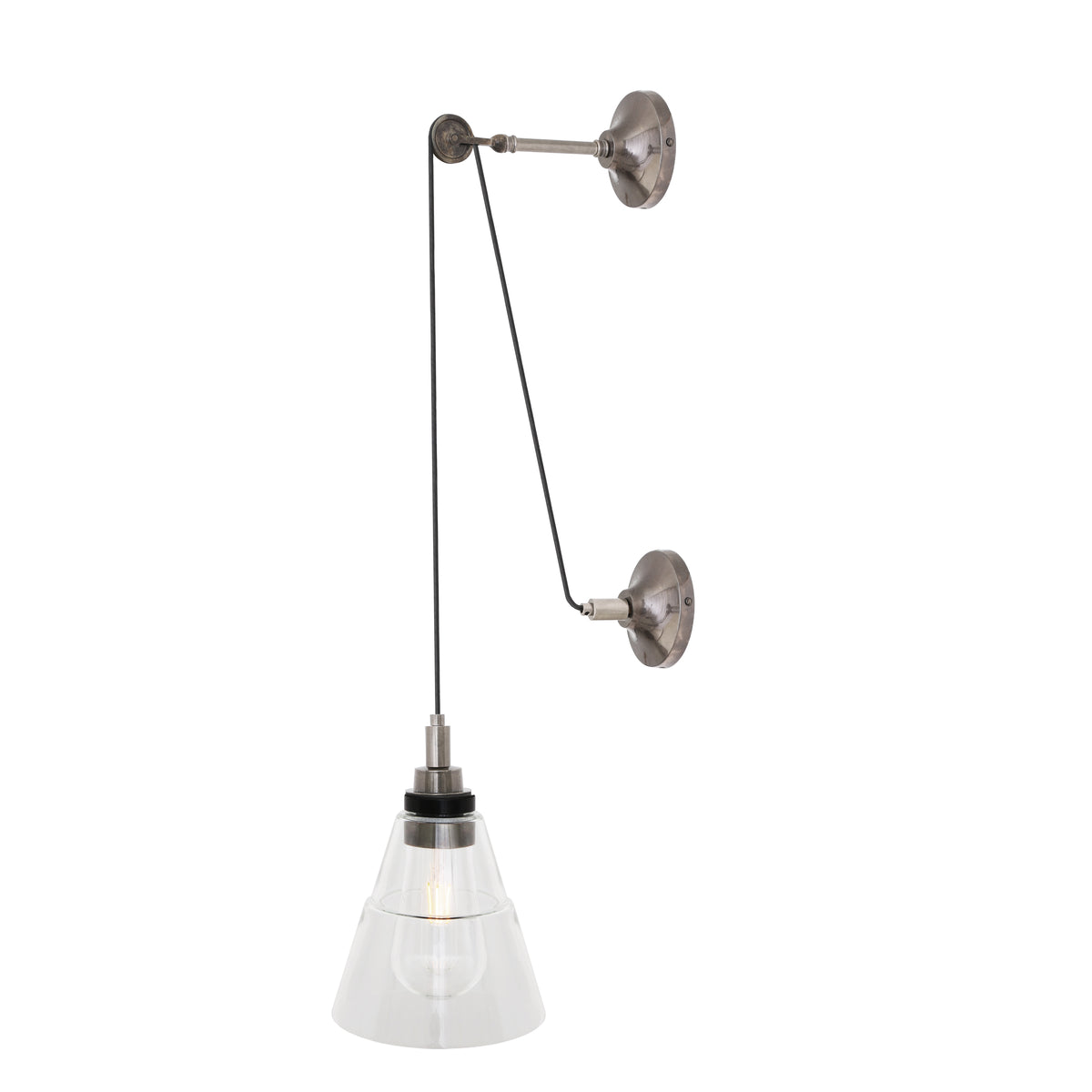 Monroe IP65 Industrial Pulley Wall Light in Antique Silver with Clear Glass Shade