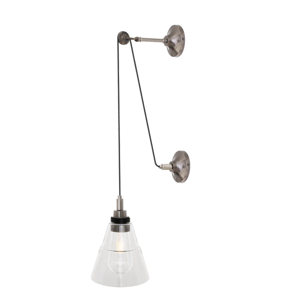 Mullan Monroe IP65 industrial pulley wall light in antique silver with clear glass shade