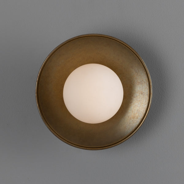 Aosta IP65 Brass Disc Bathroom Wall Light in Antique Brass with Opal Glass Globe