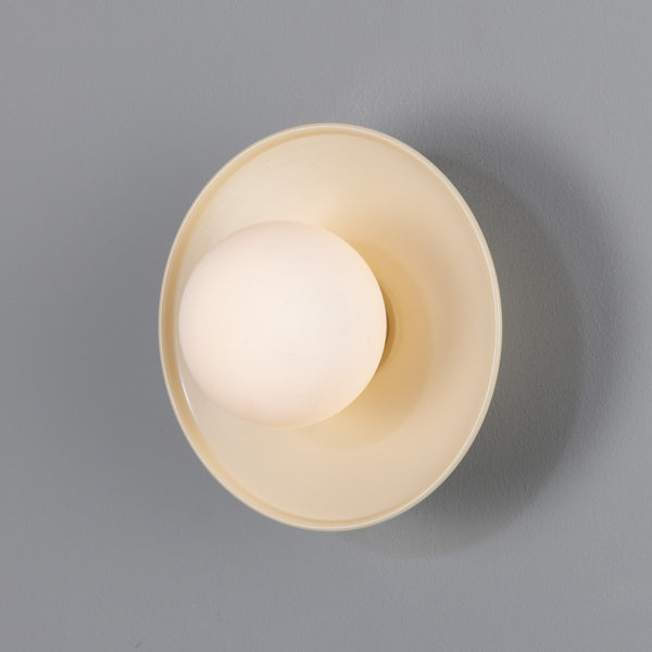 Aosta IP65 Brass Disc Bathroom Wall Light in Vanilla Cream with Opal Glass Globe