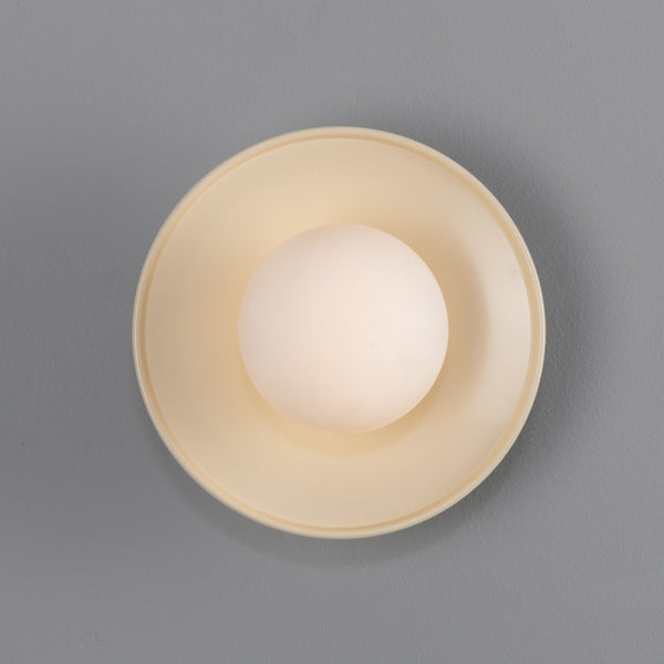 Aosta IP65 Brass Disc Bathroom Wall Light in Vanilla Cream with Opal Glass Globe