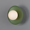 Aosta IP65 Brass Disc Bathroom Wall Light in Sage Green with Opal Glass Globe