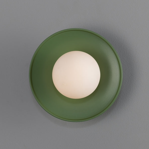 Mullan Aosta sage green brass disc bathroom wall light with opal glass globe