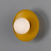 Aosta IP65 Brass Disc Bathroom Wall Light in Honey Yellow with Opal Glass Globe