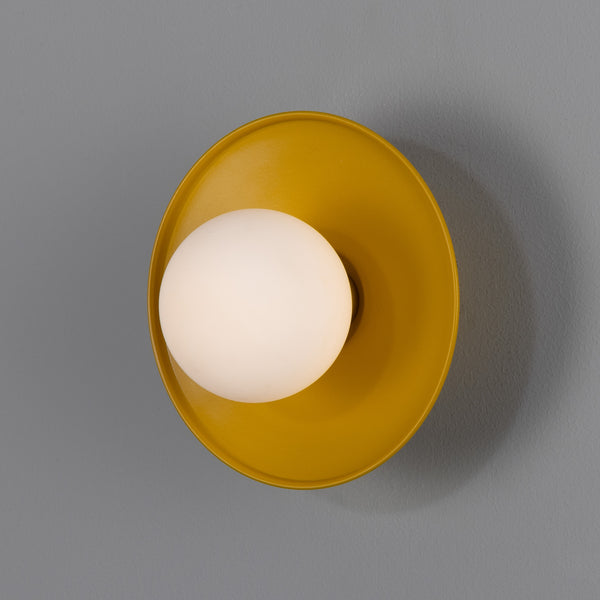 Aosta IP65 Brass Disc Bathroom Wall Light in Honey Yellow with Opal Glass Globe