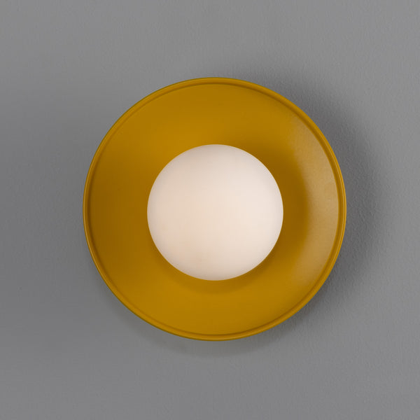 Aosta IP65 Brass Disc Bathroom Wall Light in Honey Yellow with Opal Glass Globe
