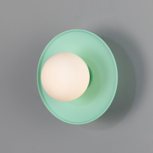 Aosta IP65 Brass Disc Bathroom Wall Light in Mint Turquoise with Opal Glass Globe