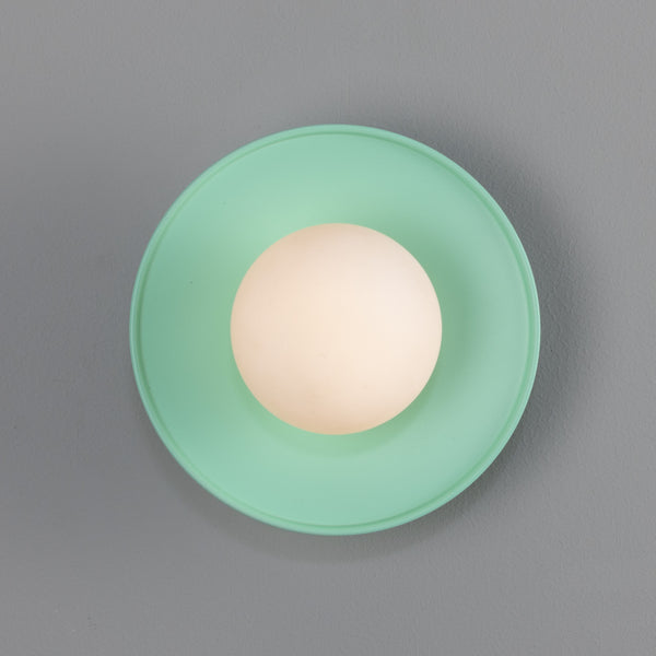 Aosta IP65 Brass Disc Bathroom Wall Light in Mint Turquoise with Opal Glass Globe