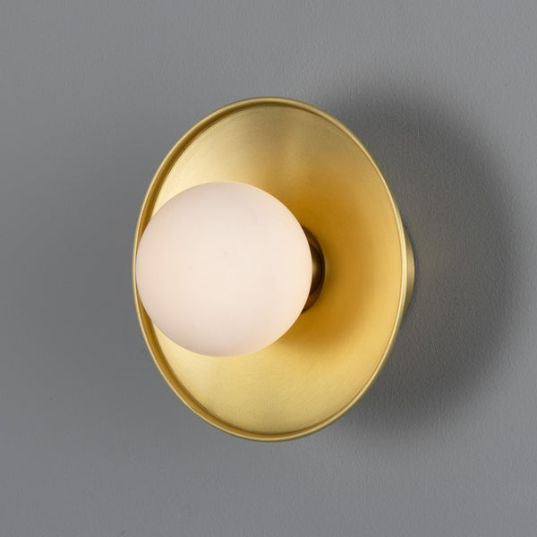 Aosta IP65 Brass Disc Bathroom Wall Light in Satin Brass with Opal Glass Globe