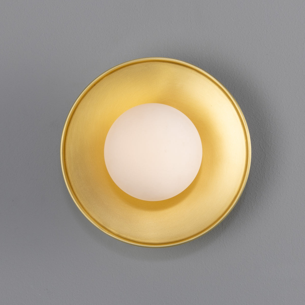 Aosta IP65 Brass Disc Bathroom Wall Light in Satin Brass with Opal Glass Globe