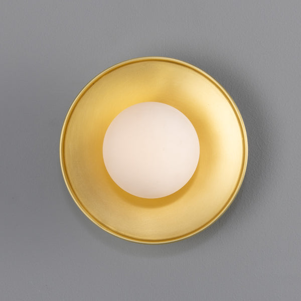 Mullan Aosta satin brass disc bathroom wall light with opal glass globe