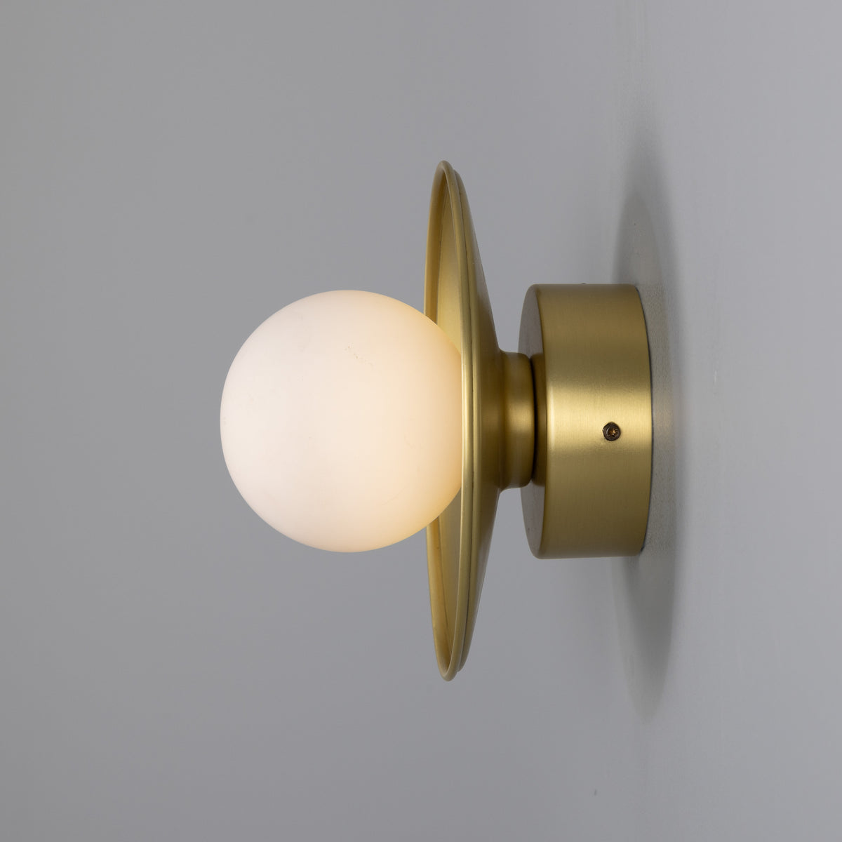 Aosta IP65 Brass Disc Bathroom Wall Light in Satin Brass with Opal Glass Globe