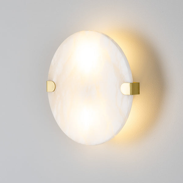 Dundee IP44 Circular Alabaster Wall Light with Satin Brass Detailing