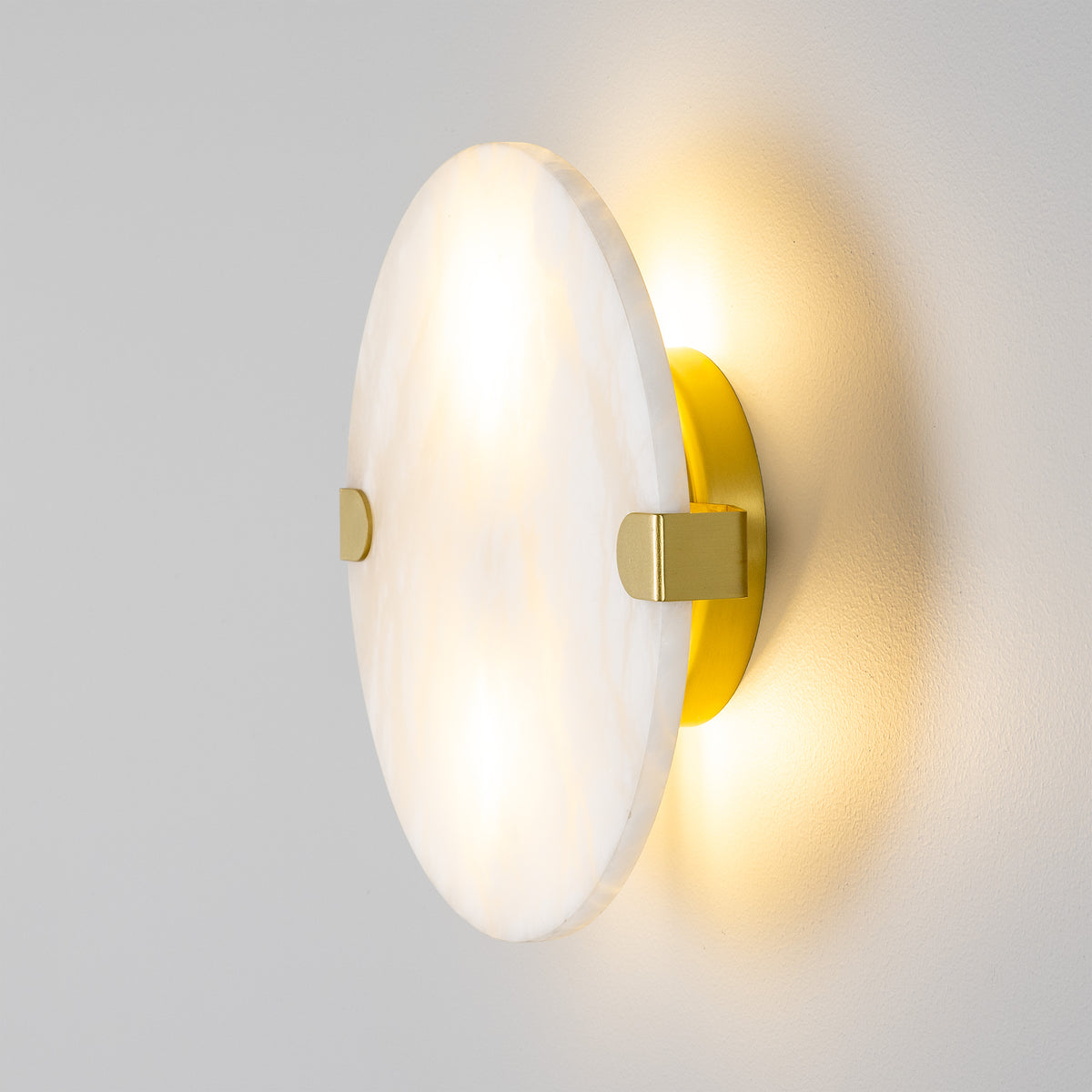 Dundee IP44 Circular Alabaster Wall Light with Satin Brass Detailing