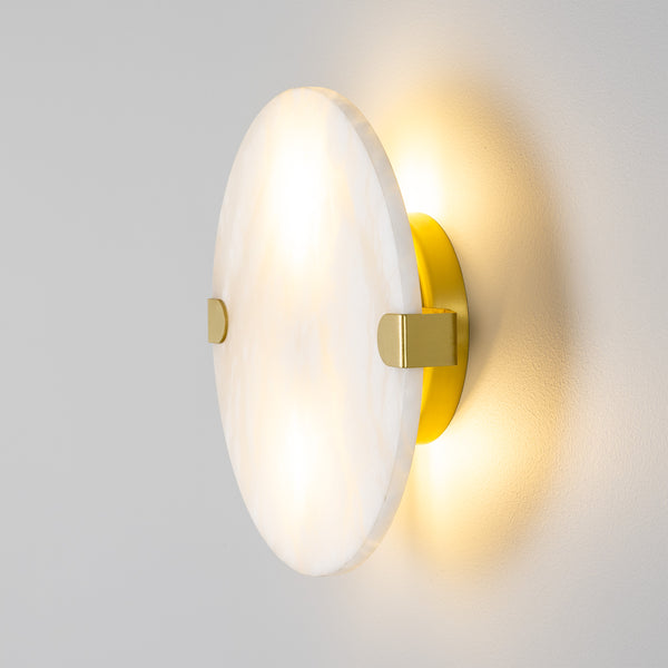 Dundee IP44 Circular Alabaster Wall Light with Satin Brass Detailing