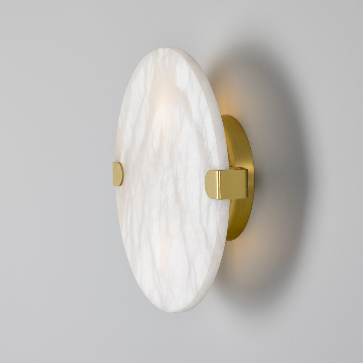 Dundee IP44 Circular Alabaster Wall Light with Satin Brass Detailing