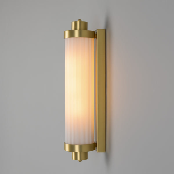 Mullan Louise vintage brass IP44 wall light with rippled opal glass in satin brass