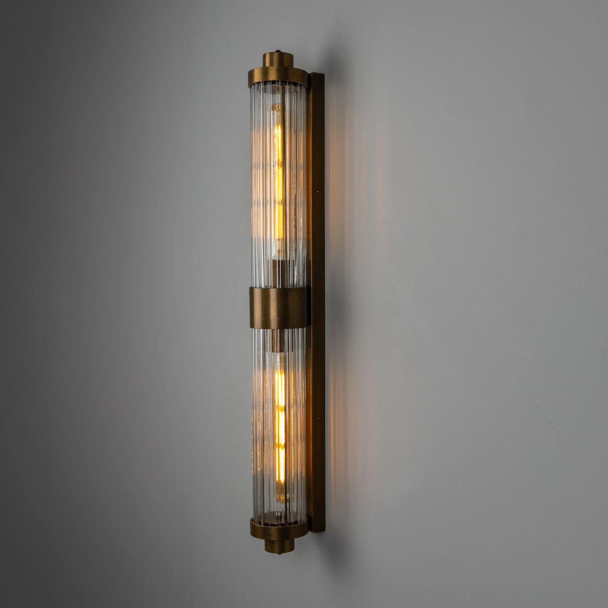 Double Louise Brass IP44 Wall Light with Rippled Clear Glass in Antique Brass