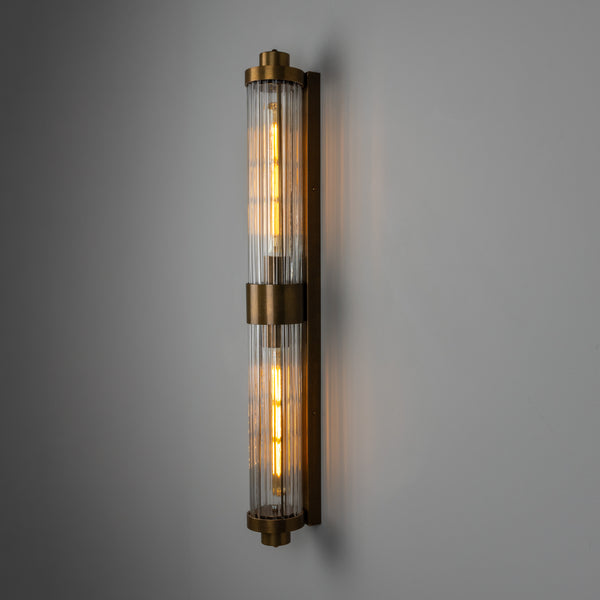 Double Louise Brass IP44 Wall Light with Rippled Clear Glass in Antique Brass